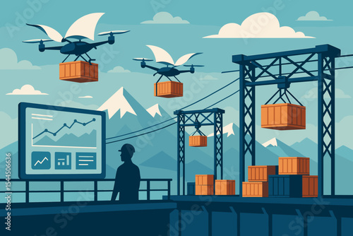 Mountain logistics center with winged drones and cable-lifted cargo