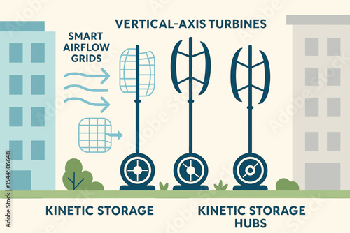 Smart airflow grids and vertical turbines with kinetic storage hubs