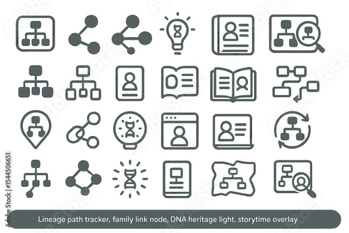 Set of line icons for genealogy, family tree tracking, and DNA heritage research.