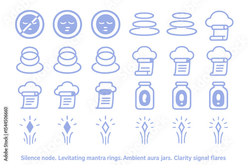 Soothing icon set with aura jars, mantra rings, and clarity flares