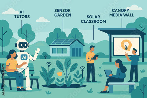 Illustration of a smart eco-campus with AI tutors and solar tech