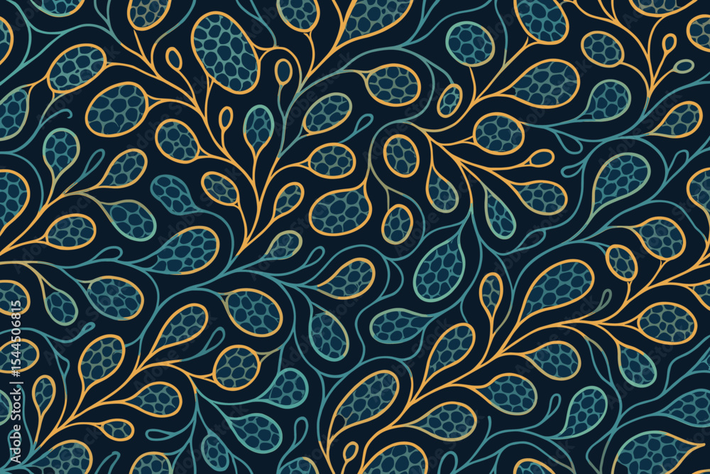 Elegant seamless pattern with teal and gold honeycomb floral shapes