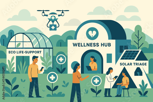 Community wellness hub with eco life-support, solar triage, and medical drone