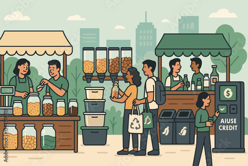 Sustainable market with bulk goods, reusable jars, and reuse credit kiosk