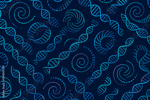 Abstract pattern of DNA strands and swirling spirals in vibrant blues and greens.