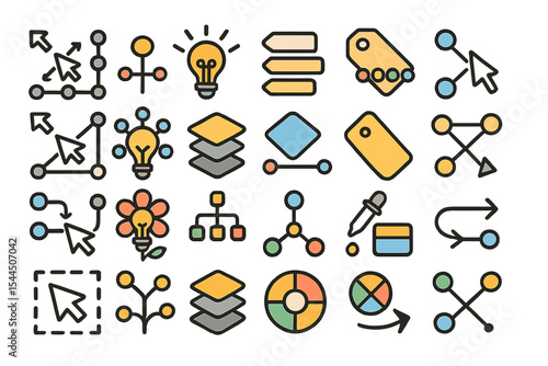 Set of colorful icons representing design tools such as arrows, light bulbs, layers, tags, and color pickers.