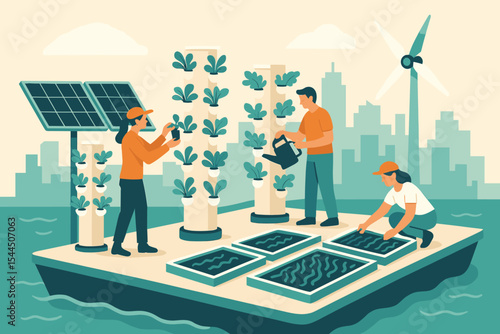 Illustration of eco-friendly urban farming with solar panels, wind turbines, and vertical gardens.