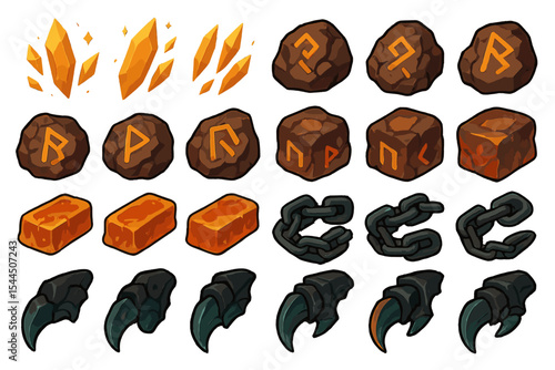 Fantasy resource icon set with glowing crystals, rune stones, metal ingots, chains, and claws