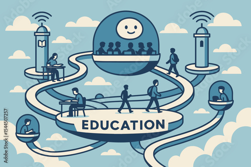 Futuristic education network with floating learning pods and walkways