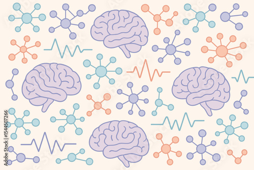 Seamless pastel neuroscience pattern with brain and nodes