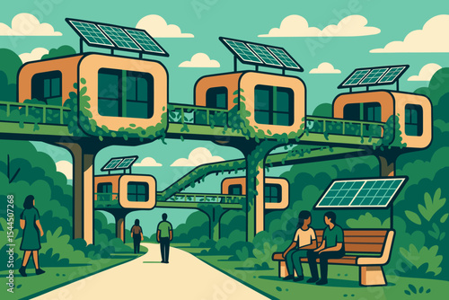Illustration of elevated eco homes with solar panels in a lush green village