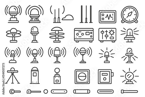 Line art icon set of sci-fi signal devices, emitters, panels, and controls