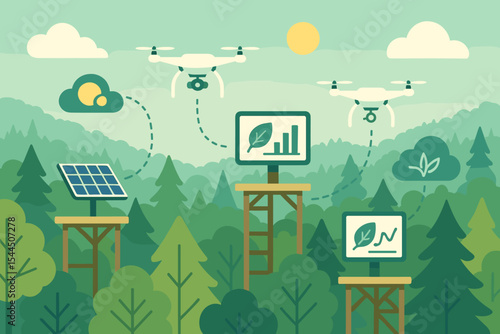 Drones collecting environmental data in forest with solar-powered stations