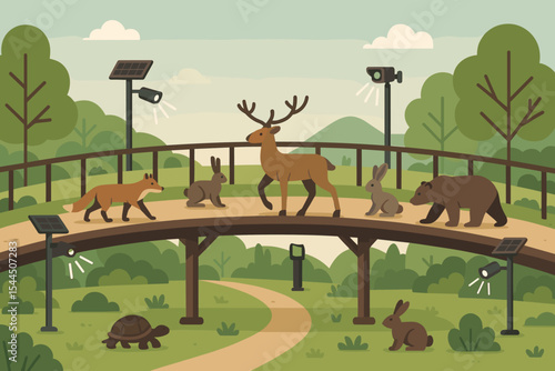 Illustration of wild animals using a forest overpass with solar lights