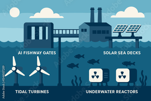 Ocean-based renewable energy station with AI fishway, tidal turbines, and solar sea decks