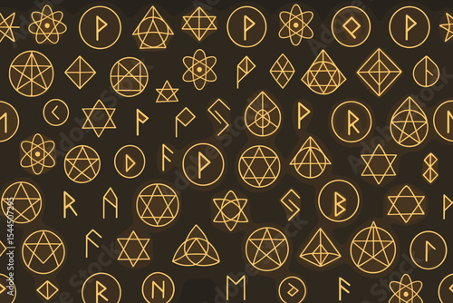 Seamless dark pattern with glowing runic and atomic alchemical symbols