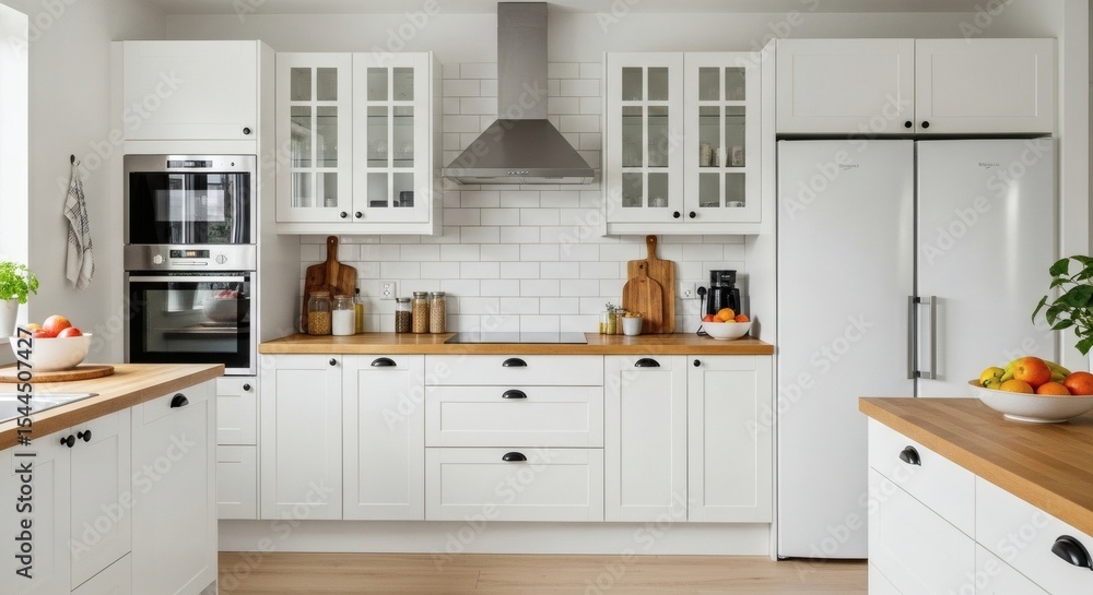 Fototapeta premium Bright White Kitchen Modern Nordic Interior with Wooden Countertops.