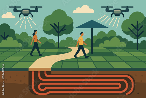 Pedestrian cooling concept with misting drones and underground coils
