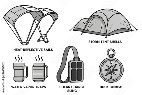 Futuristic survival gear icons including tent, compass, and solar sling