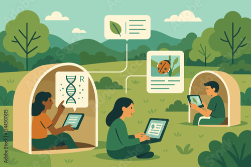Kids learning biology outdoors with tablets and laptops