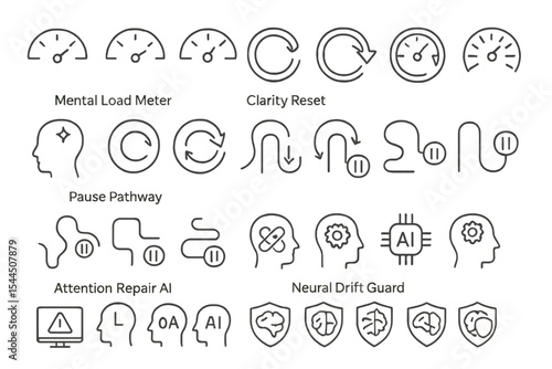 Minimalist icons representing mental processes, AI, and neural flow