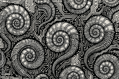 Mechanical nautilus shells over circuit board pattern