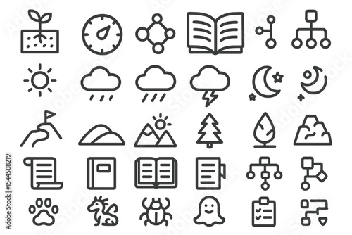 Outlined icon set for nature, weather, and storytelling themes