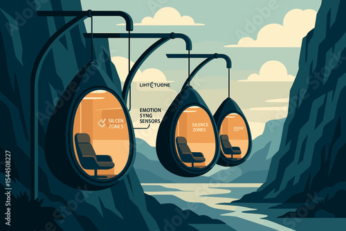 Futuristic pods with light-tuned interiors and emotion sync sensors, offering silence zones in a serene landscape.