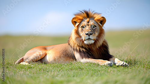 Relaxed lion lying on green grass in a peaceful natural setting, capturing the calm presence of a big cat in the wild surrounded by serene wilderness and soft sunlight