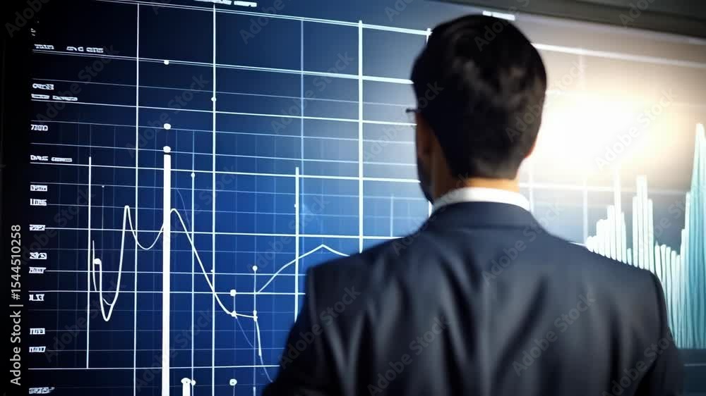 Analyst in suit pointing at stock market chart, graphs, financial analytics screen, investor monitoring investment trends. Analyst in suit pointing at stock market chart, graphs, financial analytics screen, investor monitoring investment trends.