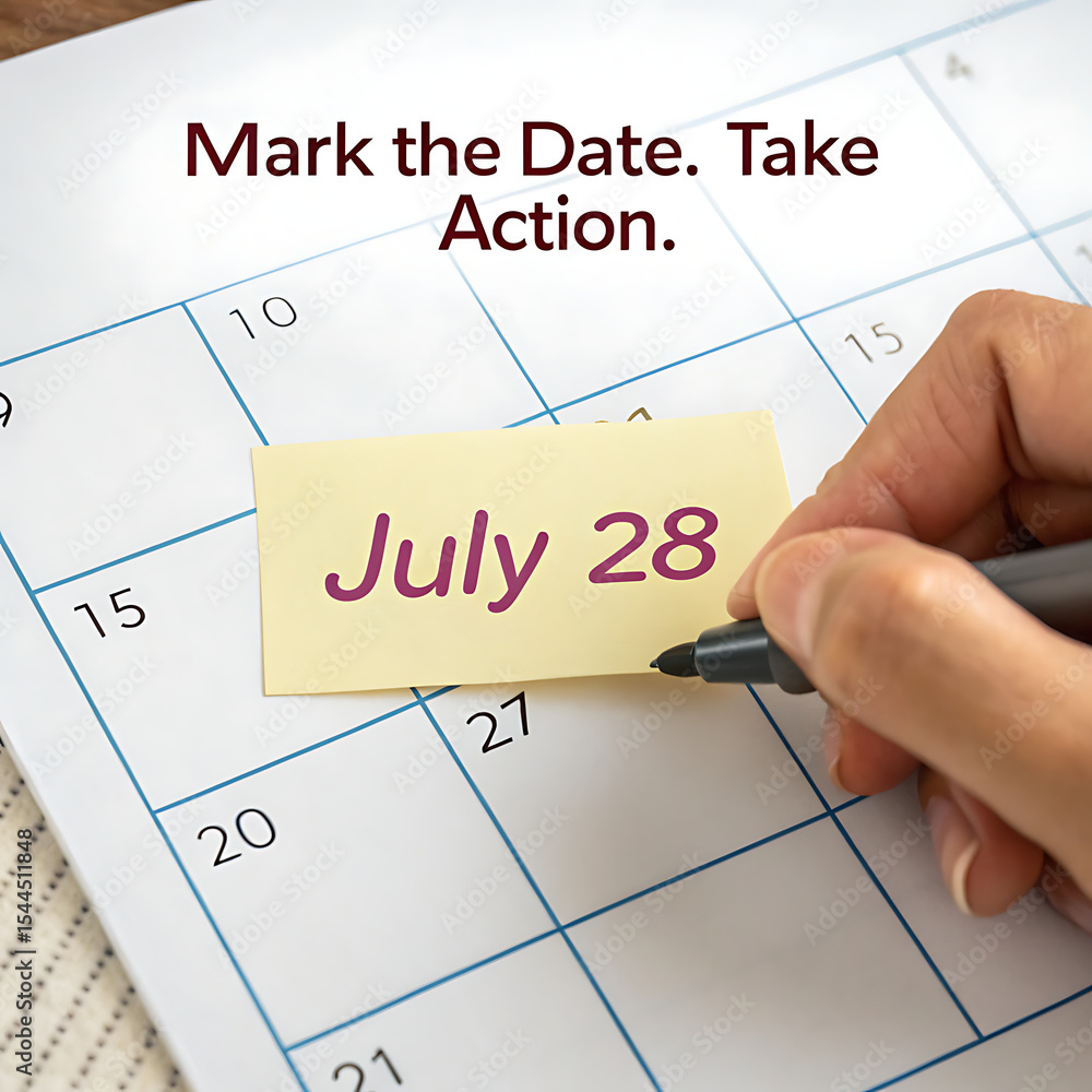Marking July 28th on a Calendar with a Note Emphasizing Important Dates and Scheduling for Planning and Organization with a Pen in Hand Marking July 28th on a Calendar with a Note Emphasizing Important Dates and Scheduling for Planning and Organization with a Pen in Hand