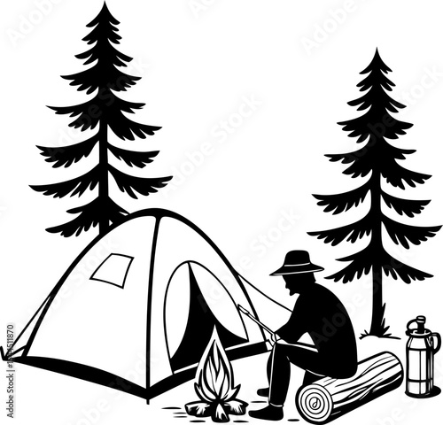Silhouette Vector of Campfire Scene with Tent; Hand drawn camping silhouette illustration; A black and white picture campfire
