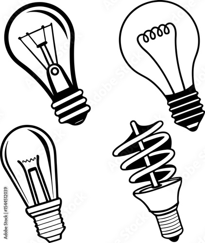 Four Types of Light Bulbs silhouette; bulb icons set; Light bulb vector silhouettes