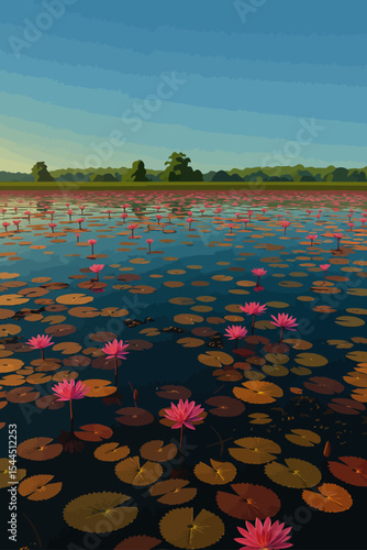 This serene landscape showcases a vast freshwater lake densely populated with pink water lilies (Nymphaea). The flowers bloom gracefully above the water’s surface, surrounded by round, floating lily p