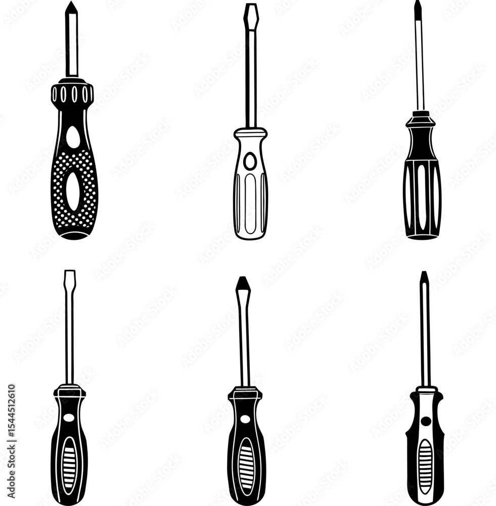 Naklejka premium Set of Screwdriver Tools; black and white vector; Tool icons set vector; Screwdriver silhouette