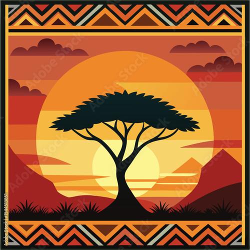 African savanna sunset with a silhouetted acacia tree and a traditional patterned border.