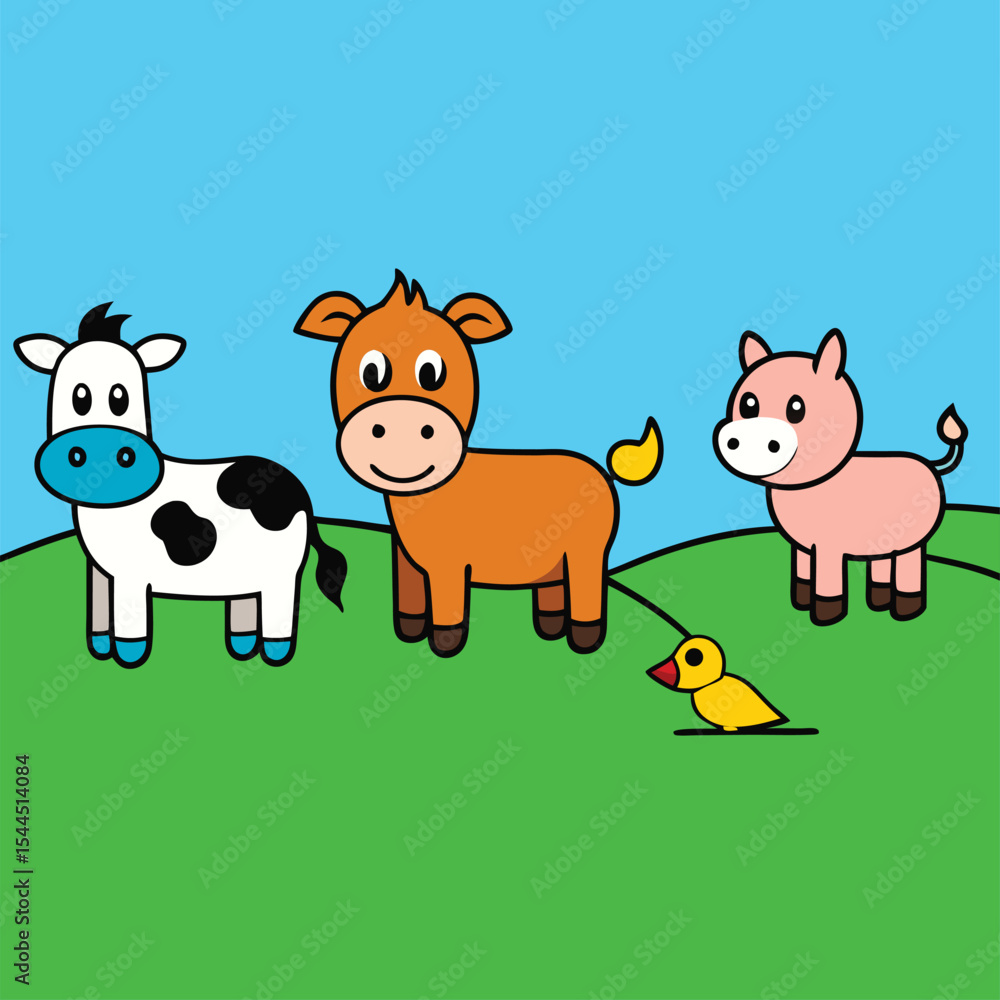Naklejka premium cartoon farm animals in green fields.eps
