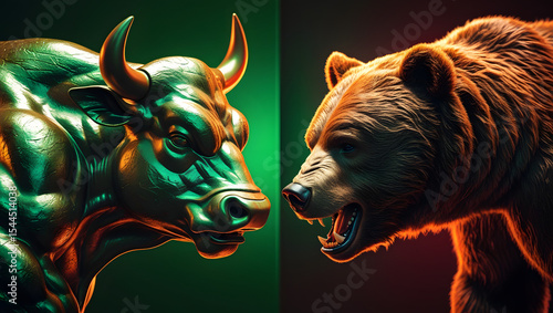 Bull and Bear Face-Off: A striking image captures the intense confrontation between a powerful bull and a menacing bear, symbolic of market forces.