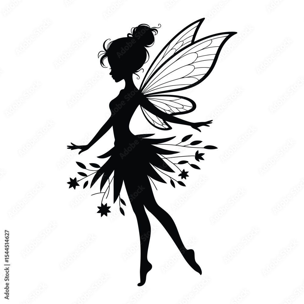 Dancing Fairy with Floral Skirt, Silhouette, Vector, Illustration, Outline, Logo, White Background. Dancing Fairy with Floral Skirt, Silhouette, Vector, Illustration, Outline, Logo, White Background.