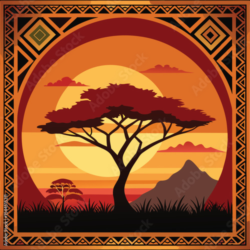 African Savannah Sunset Vector Illustration with Ornamental Border