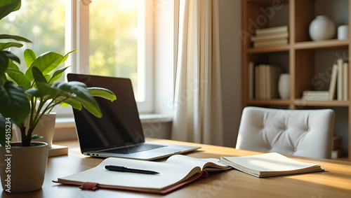 Wallpaper Mural Modern Minimalist Work-from-Home Desk Setup with Soft Lighting, Organic Elements, and Cozy Neutral Styling Torontodigital.ca