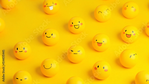 Many yellow balls with smiling faces. Social media and communications concept background.