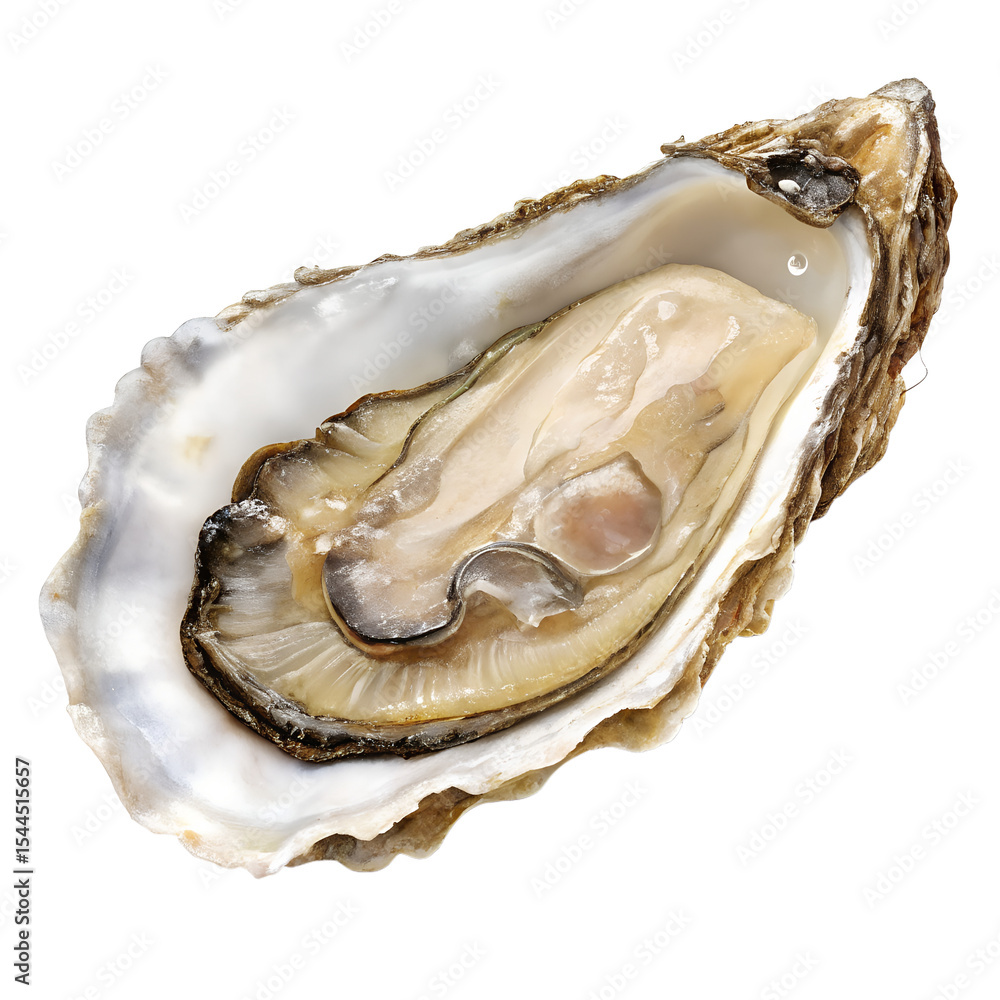 Naklejka premium Open oyster shell with a pearl inside, showcasing its smooth texture and natural colors. A delicacy often associated with seafood cuisine.