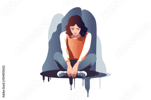 Tired woman sitting and thinking over problems. Concept emotional burnout or mental disorder. Vector flat