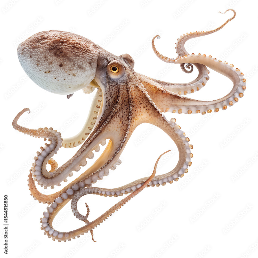 Obraz premium A detailed view of a common octopus with eight long tentacles and a mottled brown and white body. The octopus is set against a black background.