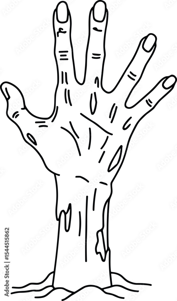 Obraz premium Rising Zombie Hand Line Art – Creepy Halloween Grave Vector Illustration