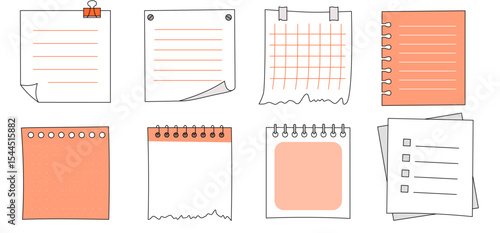 Bright torn paper note templates in warm orange colors, useful for checklists, planning and project tracking

