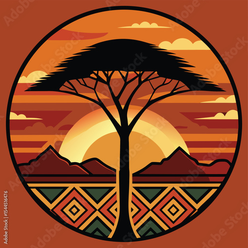 Stylized African savanna sunset emblem with acacia tree silhouette