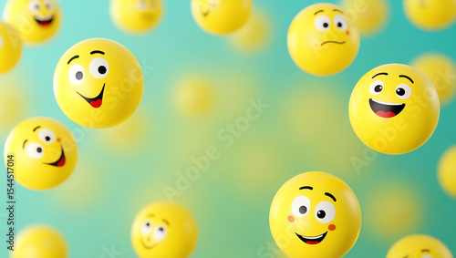 Many yellow balls with smiling faces. Social media and communications concept background.