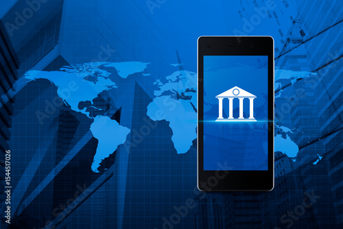 Fototapeta Naklejka Na Ścianę i Meble -  Bank flat icon on modern smart mobile phone screen over world map and city tower background, Mobile banking concept, Elements of this image furnished by NASA